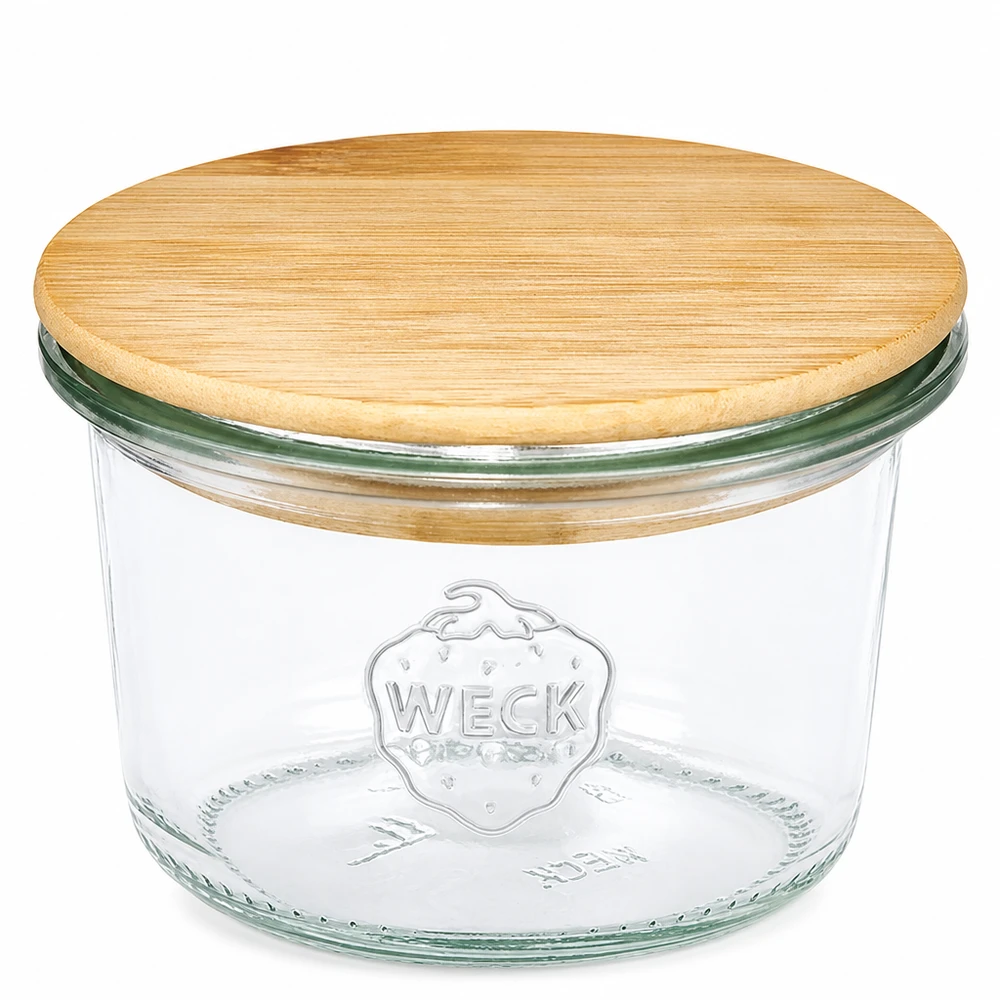80ml Krossade glasögon WECK RR60 med trälock WECK tumlare 80 ml RR60 med bambulock av trä för förvaring och konservering
