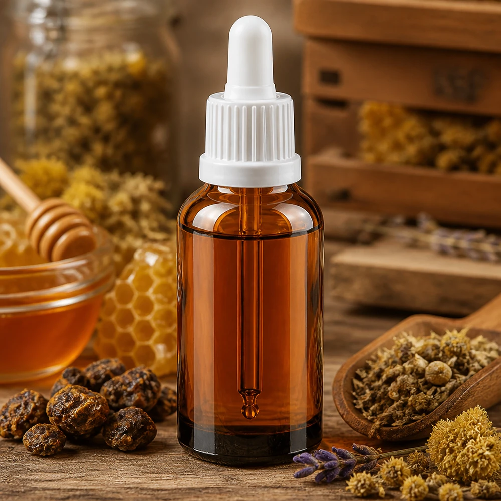 Liten 30 ml pipettflaska av UV-skyddande bärnstensfärgat glas med praktiskt doseringssystem