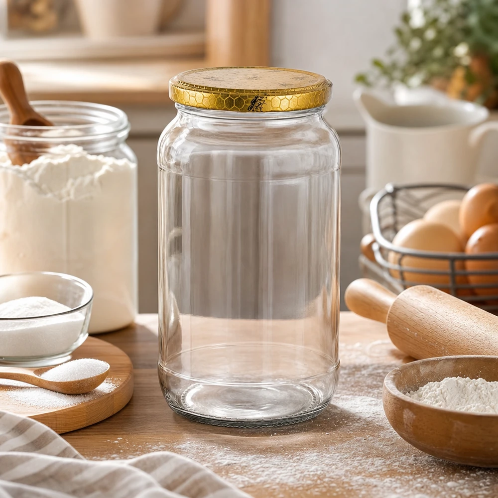 1062ml rund burk + BasicSeal lock honeycomb UNiTWIST 1062ml rund glasburk tom i köksscen med bakingredienser mjöl ägg kavel gyllene honeycomb lock förvaringsburk
