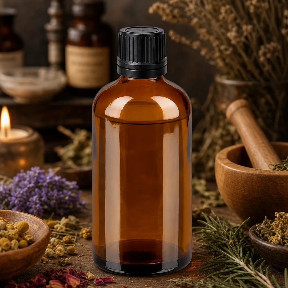 100ml Droppflaska 1mm svart förslutning BrownLine UT18/100 Högkvalitativ 100 ml droppflaska med svart säkerhetslock för aromaterapitillämpningar