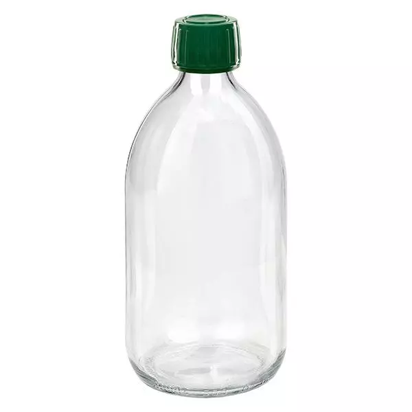 500 ml medicinflaska klar, grönt lock med säkerhetsring ApoGlas 500 ml medicinflaska klar, grönt lock med säkerhetsring ApoGlas