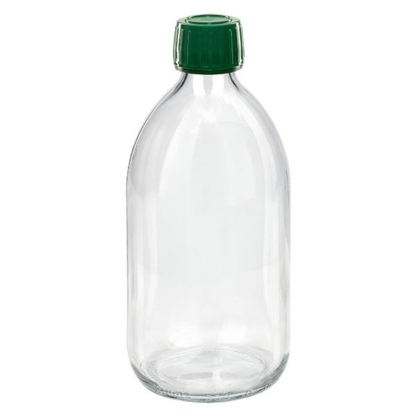 500 ml medicinflaska klar, grönt lock med säkerhetsring ApoGlas 500 ml medicinflaska klar, grönt lock med säkerhetsring ApoGlas