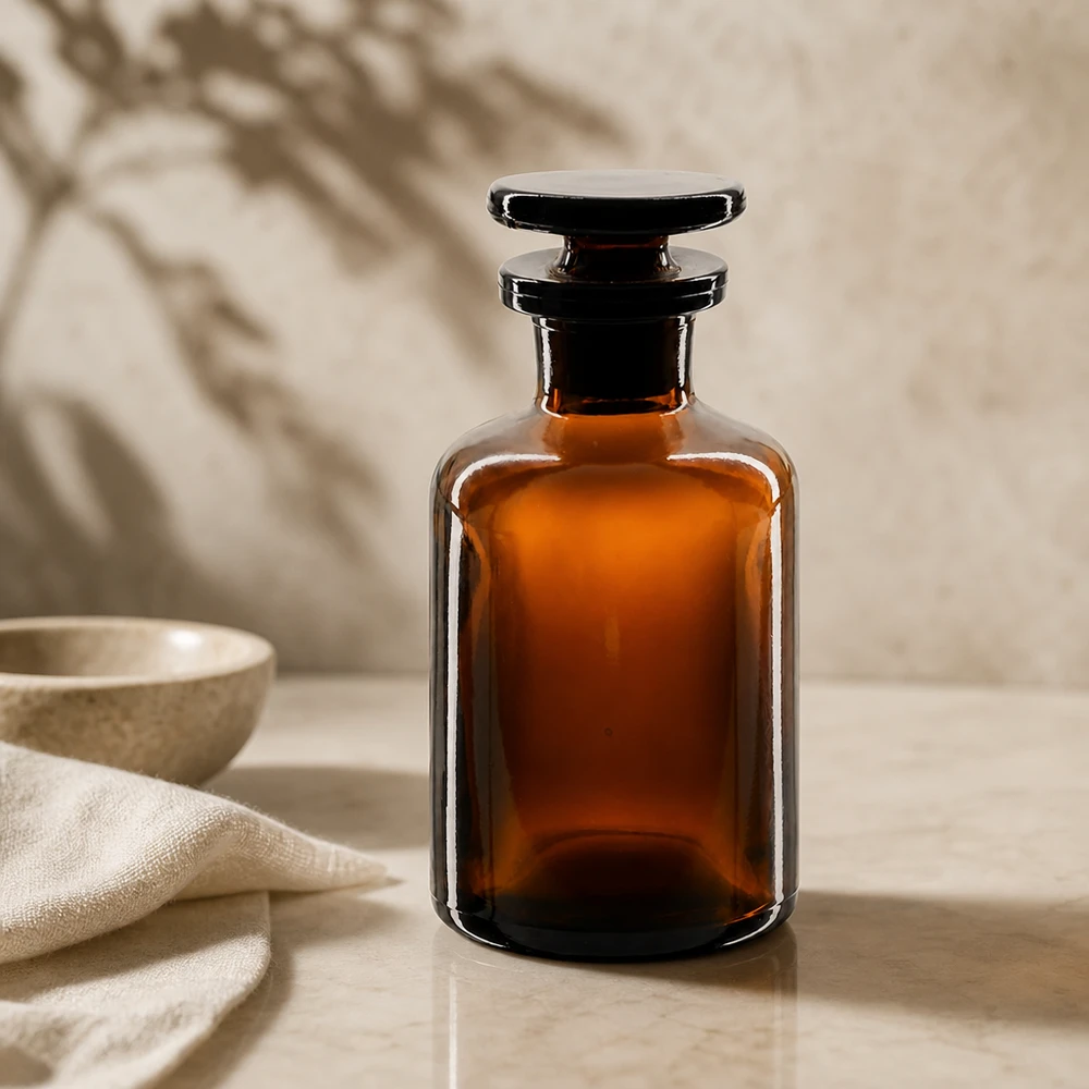 Bärnstensfärgad glasflaska, 50 ml, med platt propp för eteriska oljor och aromaterapi