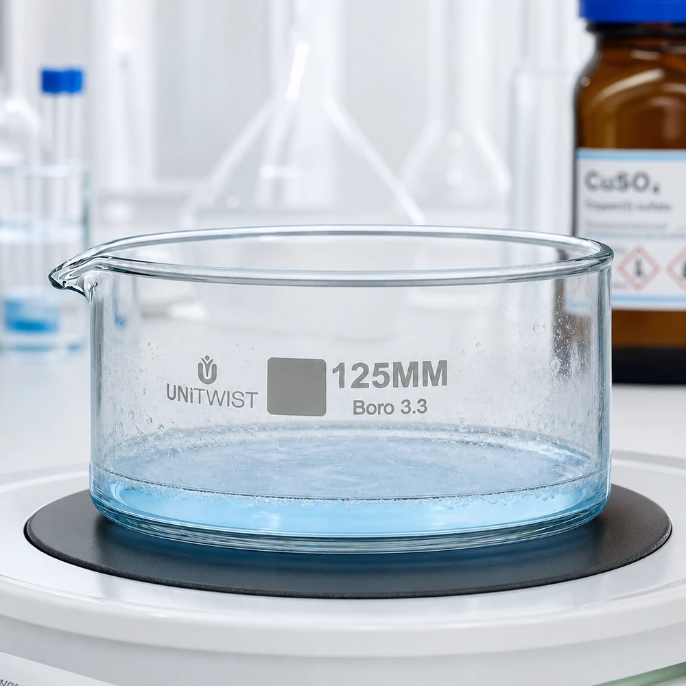 Kristallisationskärl ø125 mm, borosilikatglas UNiTWIST 125 mm UNiTWIST-kristallisationsskål på en laboratorievåg med ljusblå lösning och synliga luftbubblor