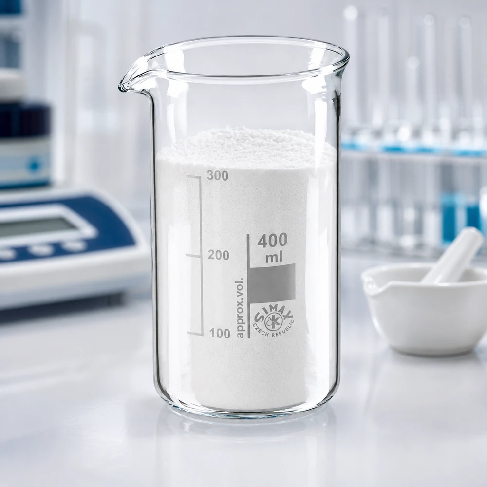 Bägare 400ml borosilikatglas, hög form Ett 400 ml begerglas med hög form, fyllt med vitt pulver, i laboratoriet bredvid en mortel och en mortelstöt