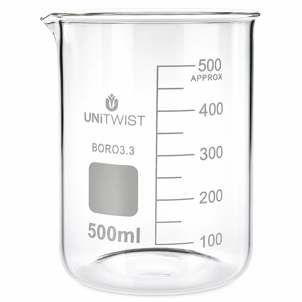 500 ml bägare i borosilikatglas med låg profil från UNiTWIST, med milliliterskala
