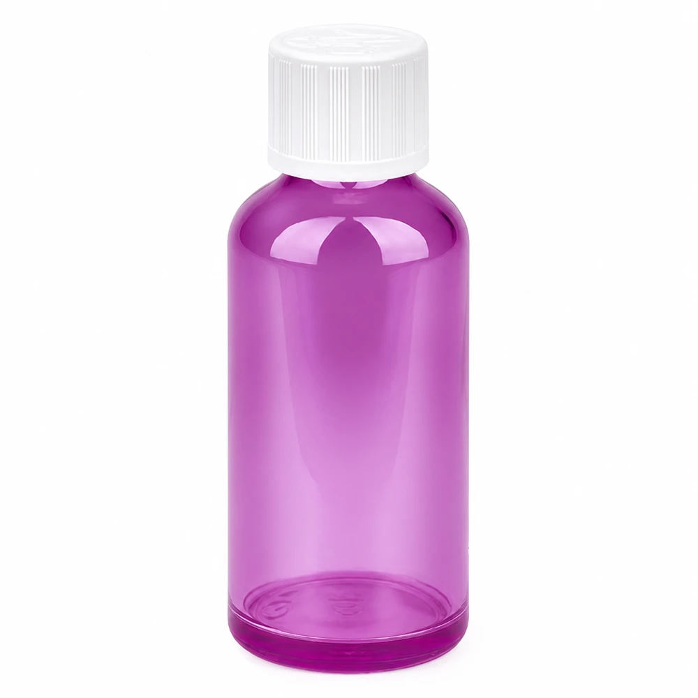 50 ml flaska 11mm skruvkork vit standard barnsäker PurpleLine UT18/50 50 ml glasflaska i lila med vitt skruvlock för kosmetika och läkemedel