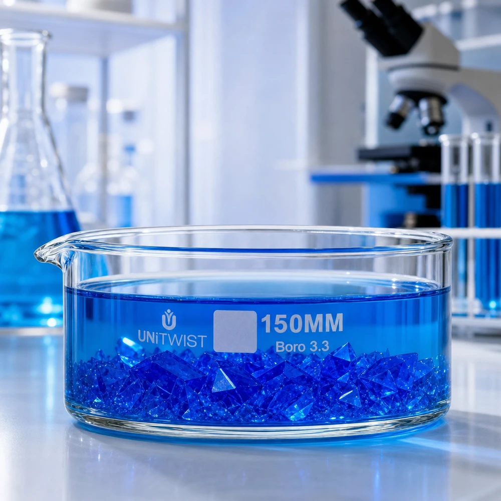 Kristallisationskärl ø150 mm, borosilikatglas UNiTWIST Kristallisationsskål UNiTWIST 150 mm med blå kristaller i lösning – laboratorieexperiment
