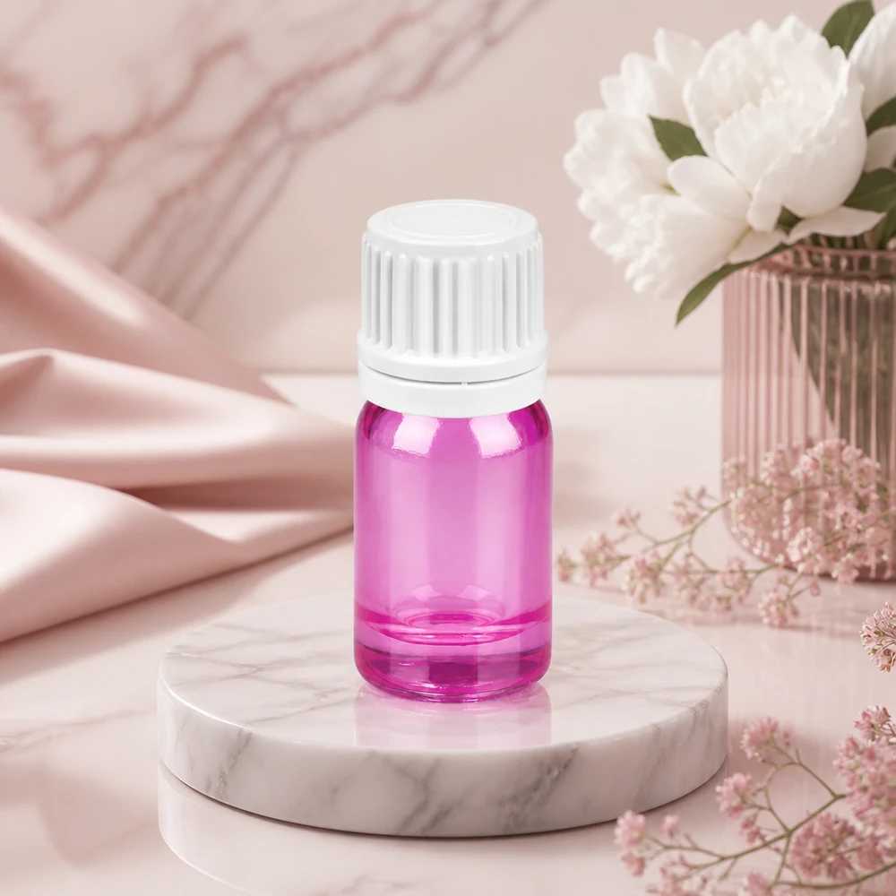 5 ml droppflaska med vitt skruvlock och violett glas för aromaterapitillämpningar