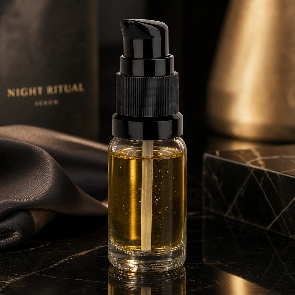 Genomskinlig 10 ml pumpflaska med svart lock, fylld med guldfärgat nattserum
