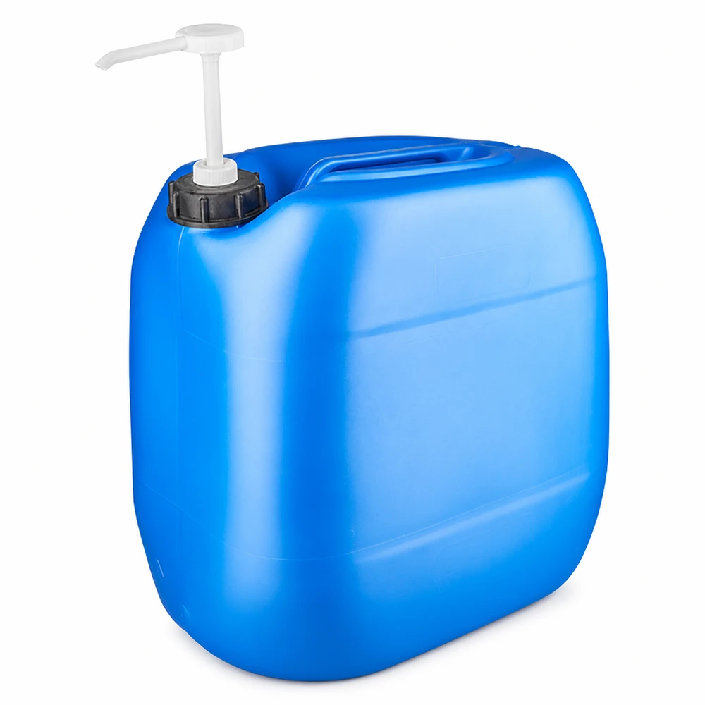 Dunk 30 liter blå med doseringspump Blå 30-liters plastdunk med vit doseringspump på svart skruvlock