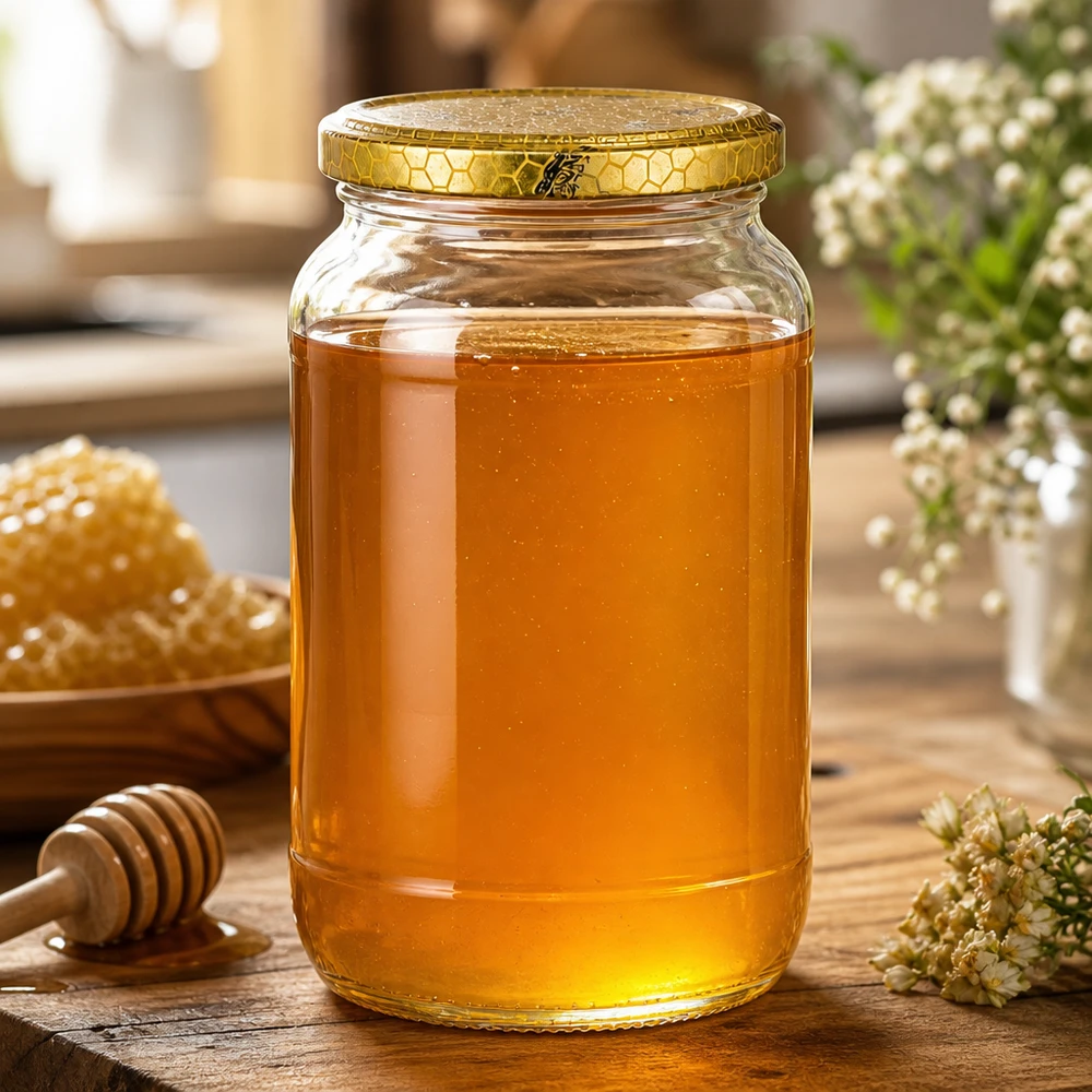 1062ml rund burk + BasicSeal lock honeycomb UNiTWIST 1062ml Rundglas mit goldenem Bienenwabe-Deckel gefüllt mit Honig neben Waben und Honiglöffel natürliche Küchendeko