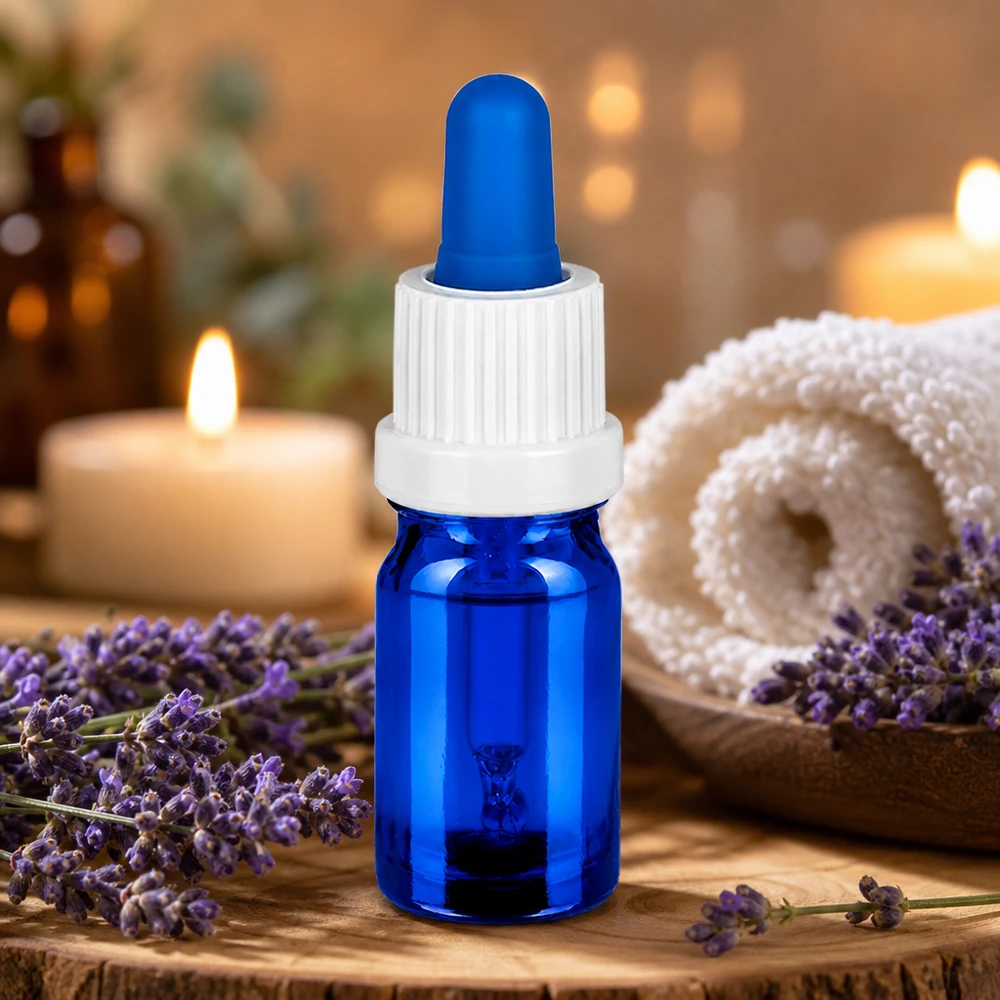 5ml Pipettflaska vit/blå med manipuleringssäkert lock BlueLine UT18/5 Professionell 5 ml BlueLine-pipettflaska med vitt UT18-lock för aromaterapi och kosmetika