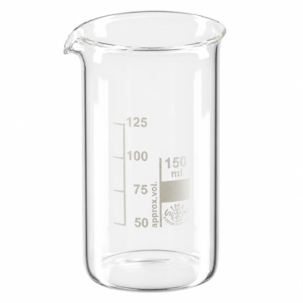 Bägare, 150 ml, hög modell av borosilikatglas med milliliterskala och pip