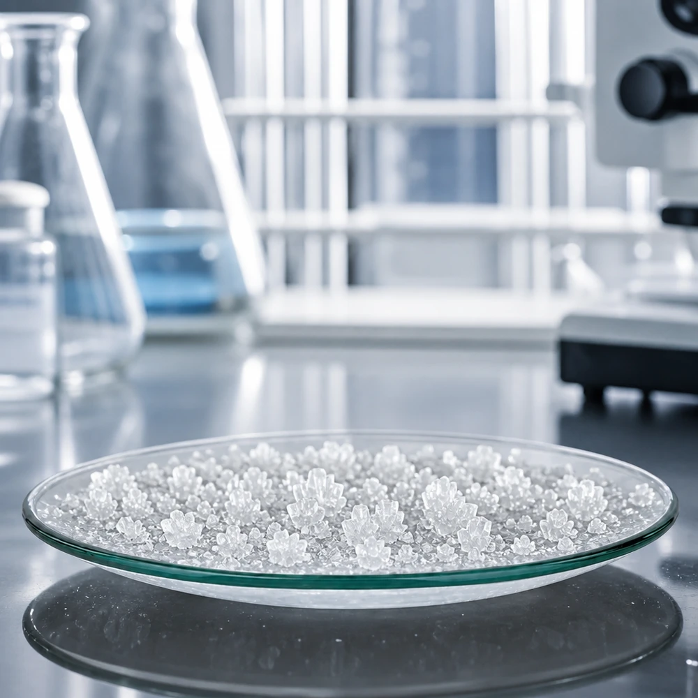 Glasskål med klocka ø100 mm Rund klockglasskål 100mm med vita kristaller på en svart yta i laboratoriet