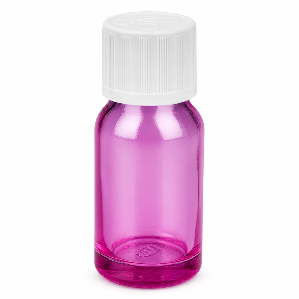 10 ml glasflaska i violett med vitt skruvlock för eteriska oljor och kosmetika