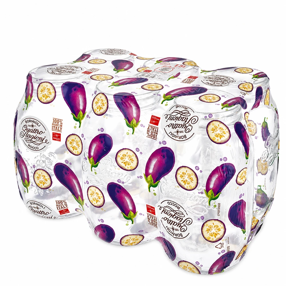 1500ml rund glasflaska "Quattro Stagioni" med lock Quattro Stagioni 1500 ml konserveringsburkar set om 6 med färgglad auberginedekoration skruvlock Italienska konserveringsburkar