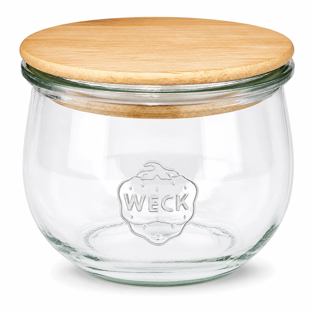 580ml tulpanburk WECK RR100 med trälock WECK tulpanburk 580ml RR100 med lock i naturligt trä - förvaringsburk i klarglas med WECK-logotyp