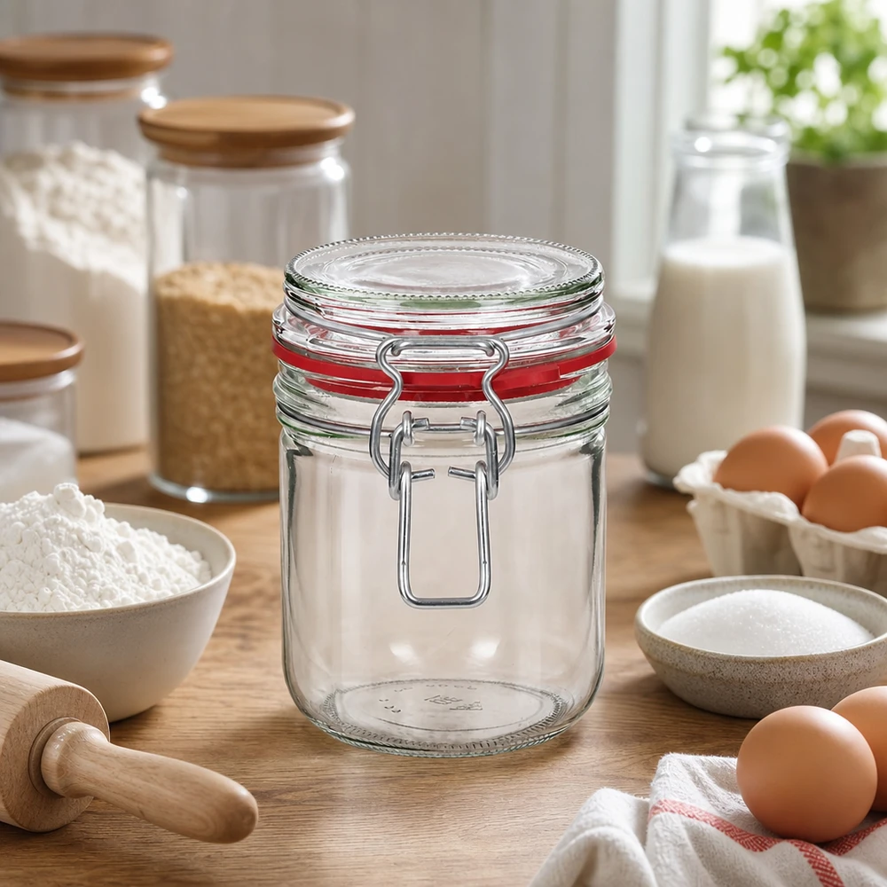 400 ml förvaringsburk av typ G med klämförslutning UN.. Robust 400 ml förvaringsburk i klarglas med svängbar topp för modern köksorganisation