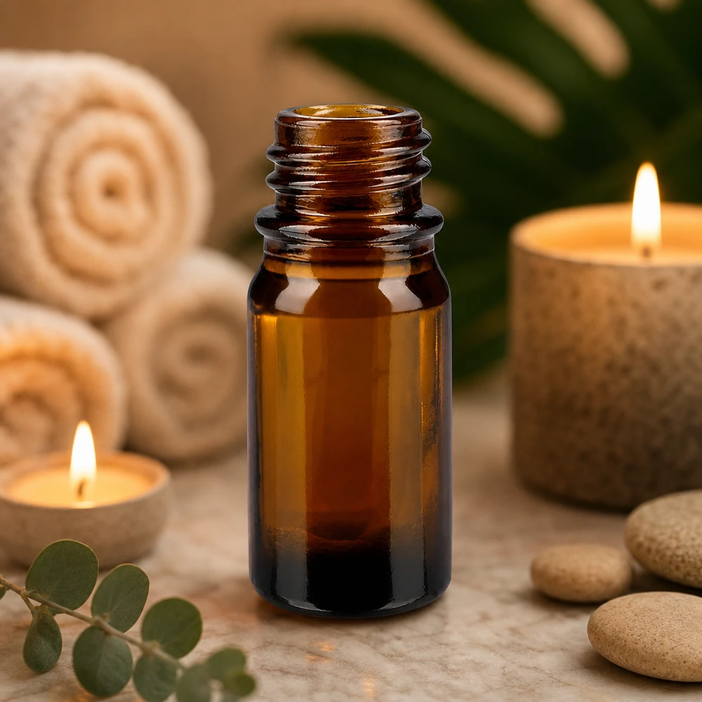 5ml brun apoteksflaska ApoGlas med eukalyptusstenar och tända ljus för avslappnande aromaterapi