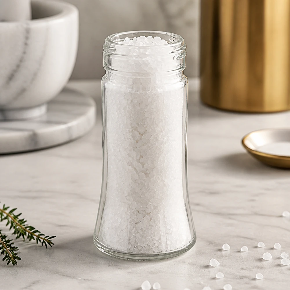 Salt/kryddburk Bobby 95ml, gänga 41mm klarglas Bobby-saltglas, 95 ml, fyllt med grovt havssalt på en vit marmoryta