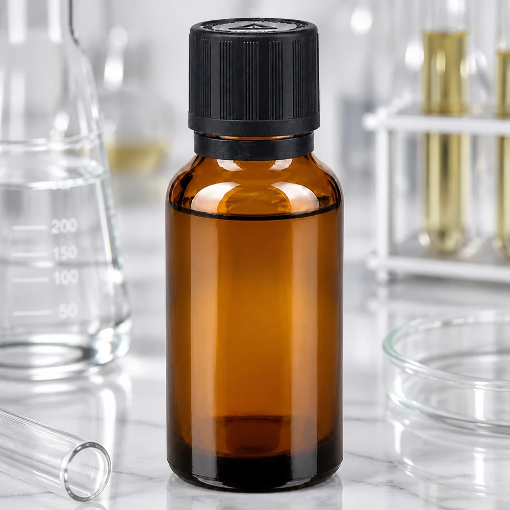 Apoteksflaska brun 20ml dropplock hällring 1mm svart barnsäkerhetslås blind varningssymbol manipulationsskydd 20 ml droppflaska i brunt glas med svart skruvlock och laboratorieglas i bakgrunden