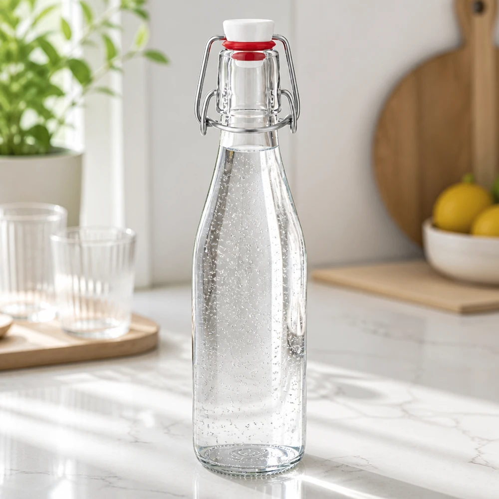 250 ml glasflaska + svängbart lock PVC UNiTWIST 250 ml glasflaska med svängbar topp fylld med mineralvatten, modern köksbänk i marmor med glas