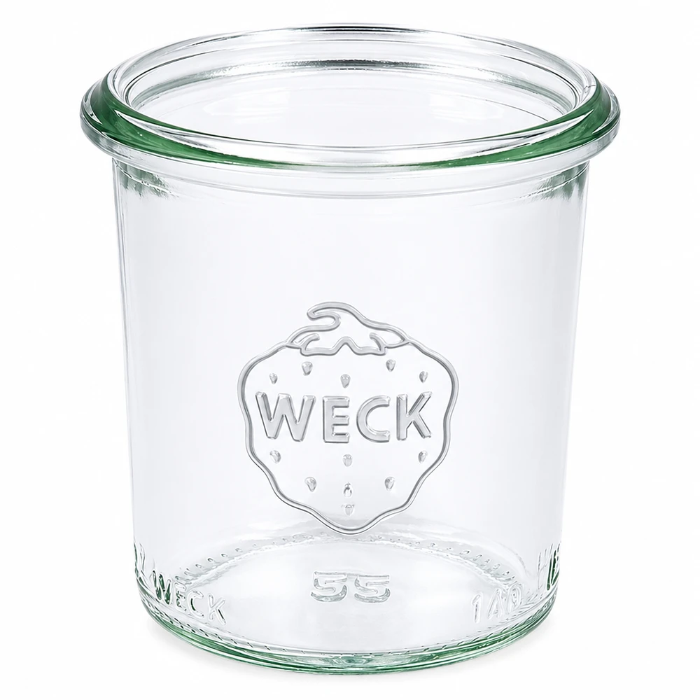 140 ml Krossade glasögon WECK RR60 140 ml WECK RR60 murarburk av klarglas med WECK-logotyp och grön förseglingsring för konservering