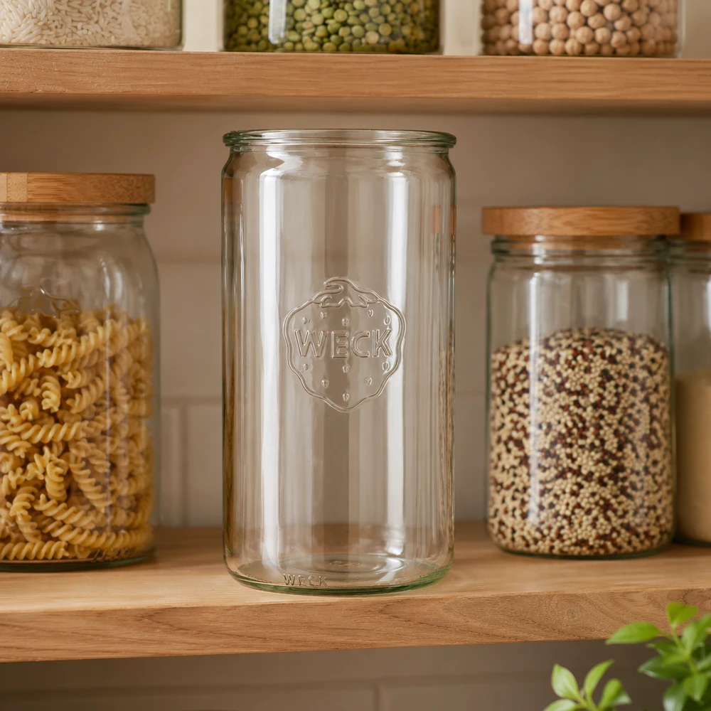 1590 ml cylindrisk glasburk WECK RR100 WECK 1590ml cylinderburk RR100 tom i köket mellan fyllda förvaringsburkar med pasta och flingor på trähylla