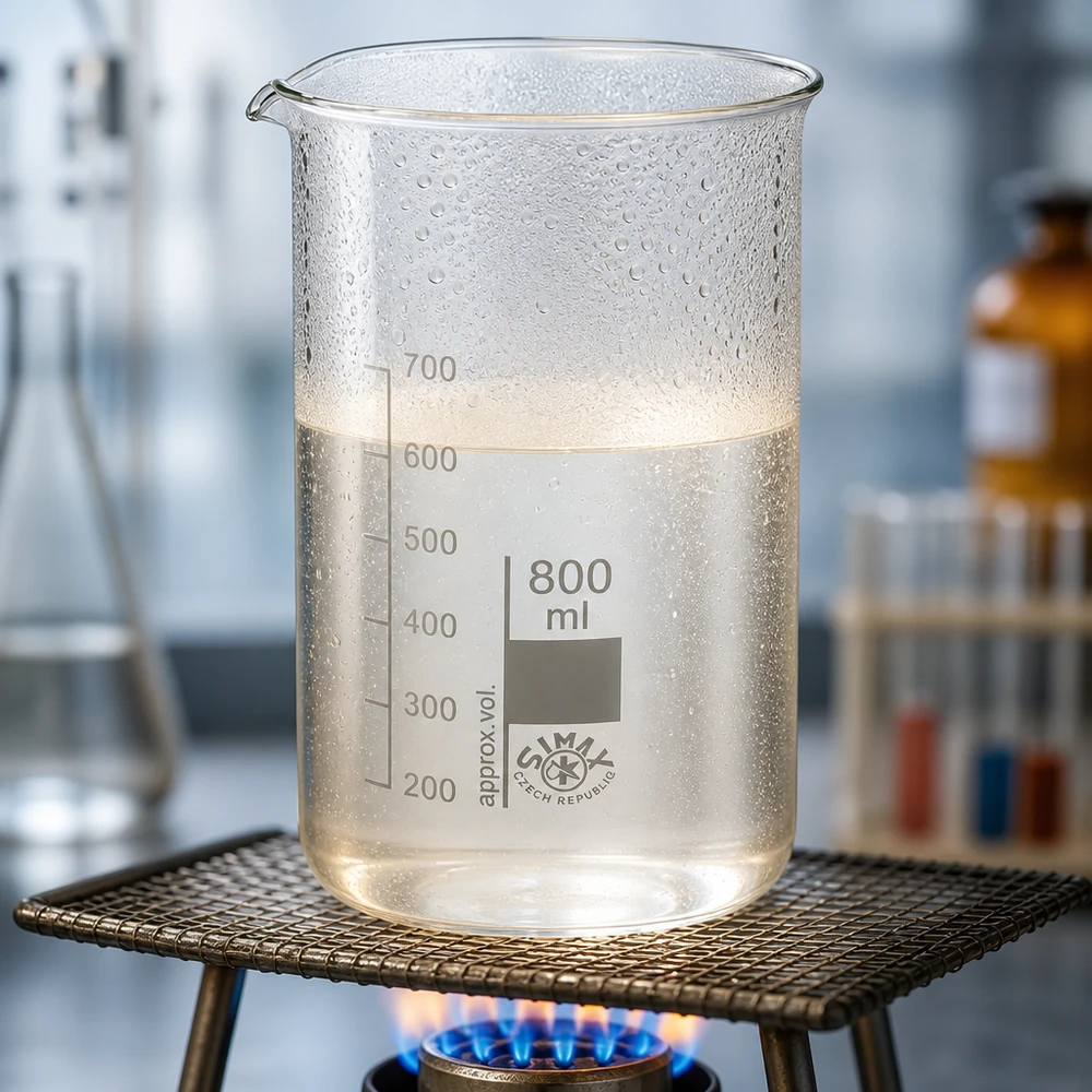 Bägare 800ml borosilikatglas, hög form Eppendorfglas, 800 ml, hög modell, uppvärmt på en bunsenbrännare med en klar vätska upp till 650 ml fyllnadsnivå