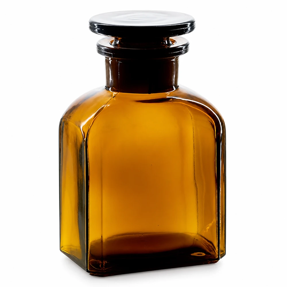 Brun fyrkantig flaska, 150 ml, med glaspropp, tillverkad av högkvalitativt vidhalsglas för laboratorier och apotek