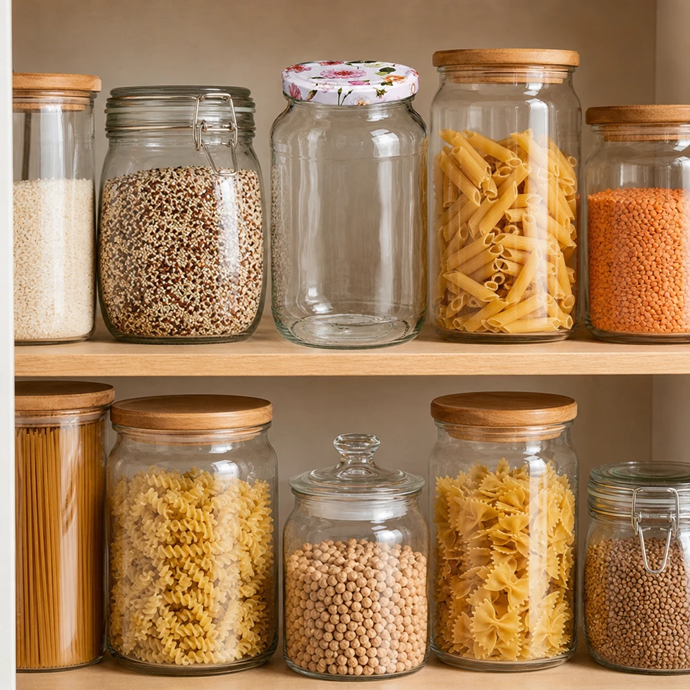 1062ml rund burk + BasicSeal-lock blomma rosa UNiTWIST Organiserad förvaring kök med 1062ml runda burkar pasta pulser flingor rosa blomma lock BasicSeal förvaring