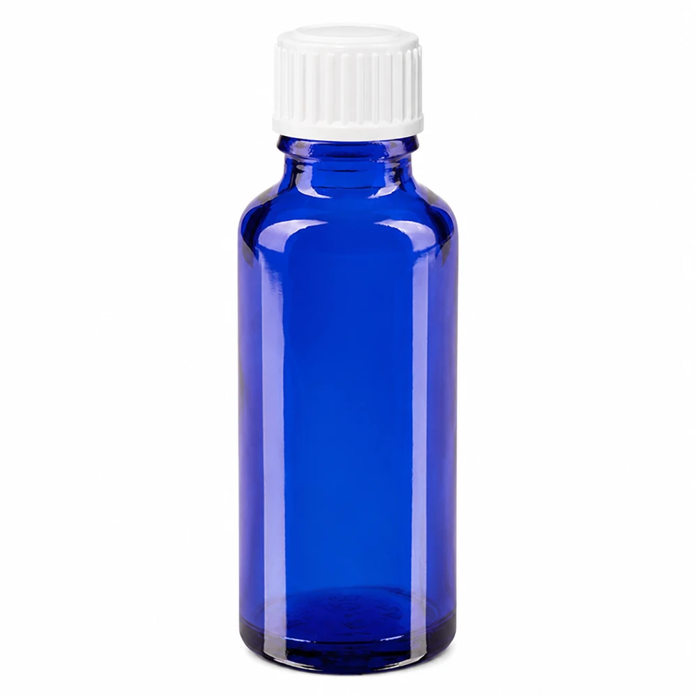 Apoteksflaska blå 30ml skruvkork vit globules standard 30 ml blå apotekarflaska i glas med vit droppkork (3 mm) för läkemedel och kosmetika