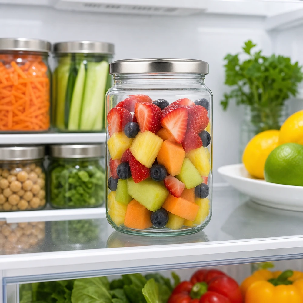 382 ml rund burk med silverlock fylld med fruktsallad i kylen Food Prep Måltidsförberedelse Förvaringsburk