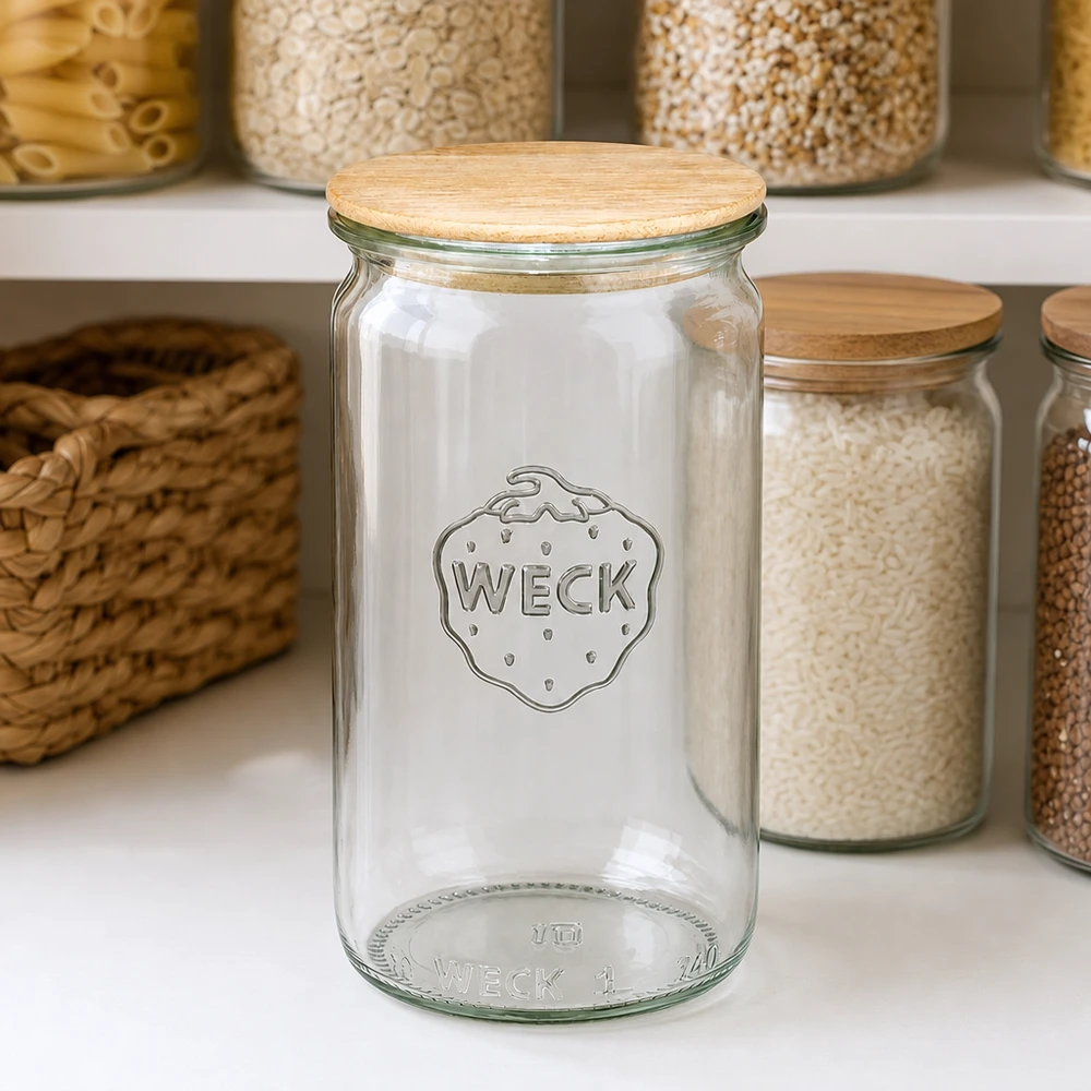 WECK cylinderburk 340ml RR60 tom med trälock i organiserat förvaringskök mellan fyllda förvaringsburkar