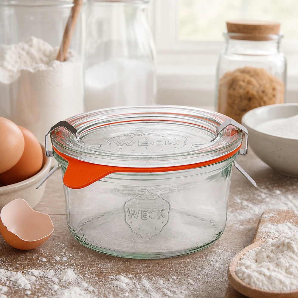 WECK 165ml RR80 köksburk med bakingredienser, ägg, mjöl och mjölk för hemlagade recept