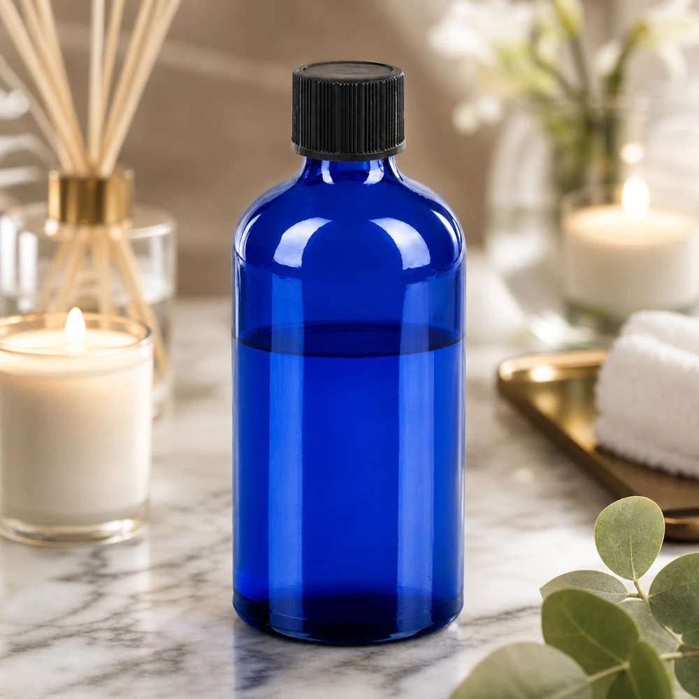 100ml Droppflaska 1mm svart standardförslutning BlueLine UT18/100 Koboltblå droppflaska 100 ml med svart lock, perfekt för DIY-kosmetika och naturprodukter