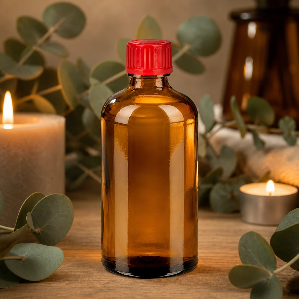 Liten 100 ml apoteksflaska av brunt glas med rött lock för eteriska oljor