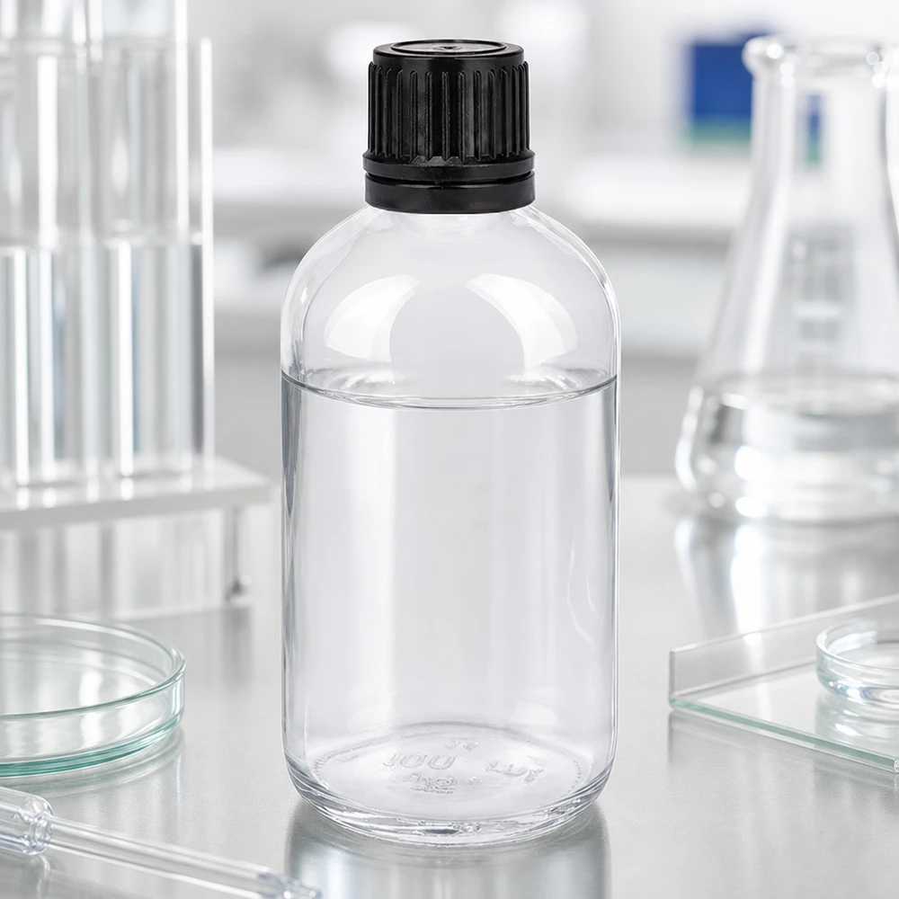 100ml globflaska 3mm hällring svart standardförslutning ClearLine UT18/1 Laborationsbild av en 100 ml-flaska i klart glas med svart skruvlock, omgiven av laboratorieutrustning