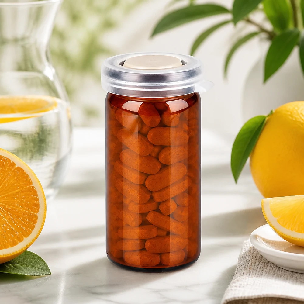 Tablett/rullburk 10ml brun med snäpplock Glasburk med rullkant, 10 ml, brun, med snäpplock, fylld med orangea ovala C-vitamintabletter