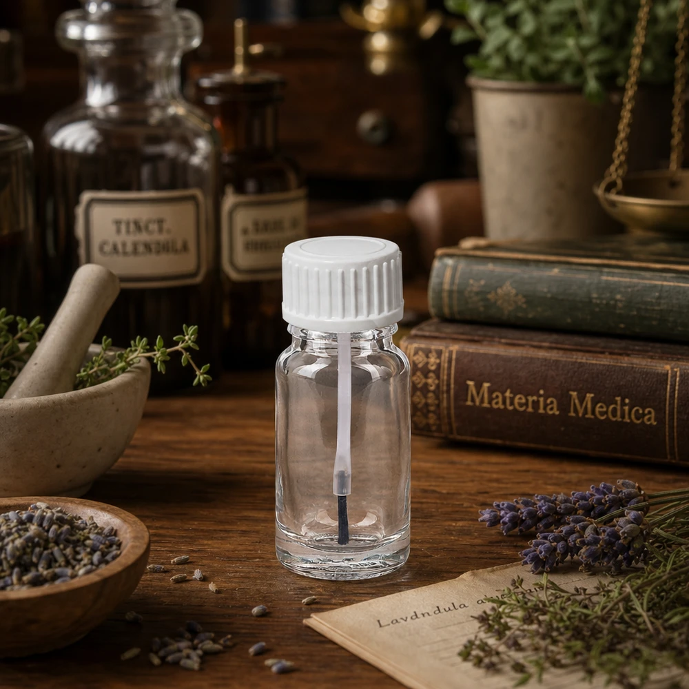 En liten glasflaska på 10 ml med penselmunstycke i en apoteksliknande miljö med lavendel och Materia Medica
