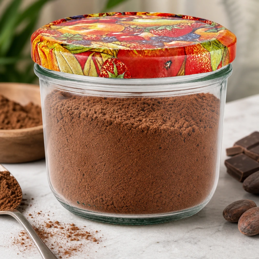 230 ml-glas fyllda med kakaopulver och färgglada BasicSeal fruktdekorlock omgivna av choklad och kakao