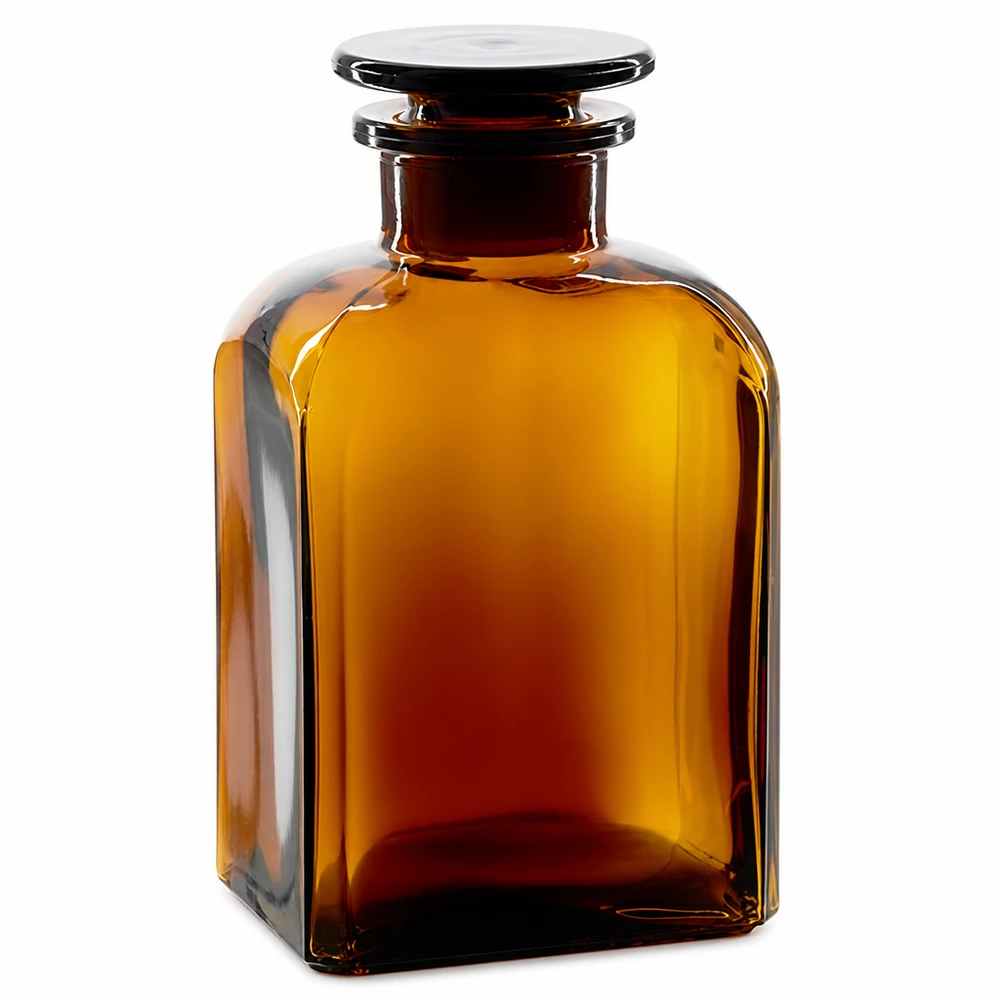 Kvadratisk flaska 500ml brun glaspropp med bred hals Fyrkantig flaska, 500 ml, brun, vid hals med glaspropp, tillverkad av högkvalitativt laboratorieglas