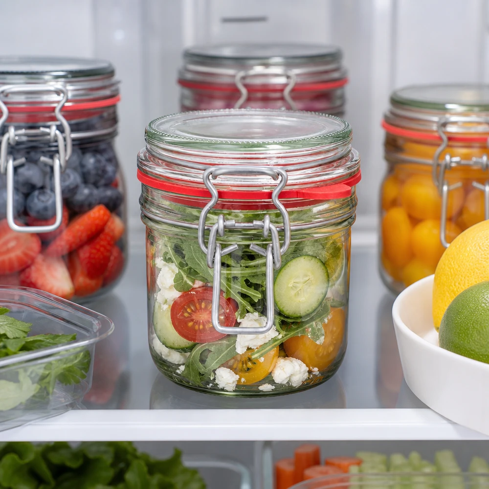 255 ml förvaringsburk av typ G med klämförslutning UN.. 255ml Vorratsglas mit Bügelverschluss im Kühlschrank mit frischem Salat gefüllt neben anderen Meal-Prep-Gläsern