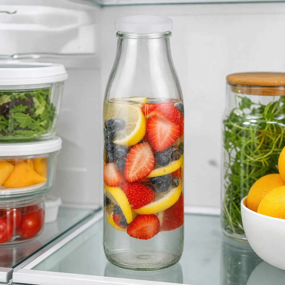 500 ml glasflaska med BasicSeal-lock full med bär- och citronvatten i kylen mellan färska livsmedel