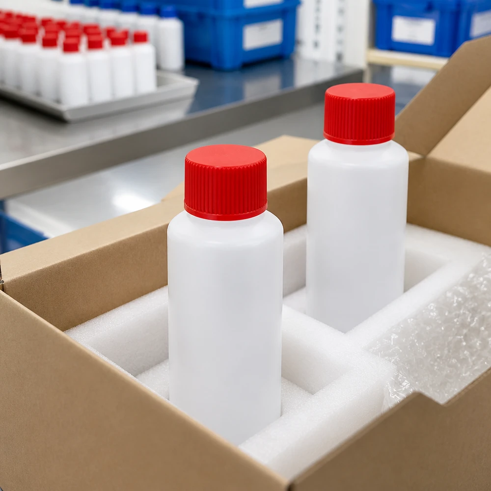 Apoteksflaska HDPE 30ml vit, med rött skruvlock Två vita HDPE-apotekflaskor à 30 ml med rött säkerhetslock i kartongförpackning med skumgummibeklädnad