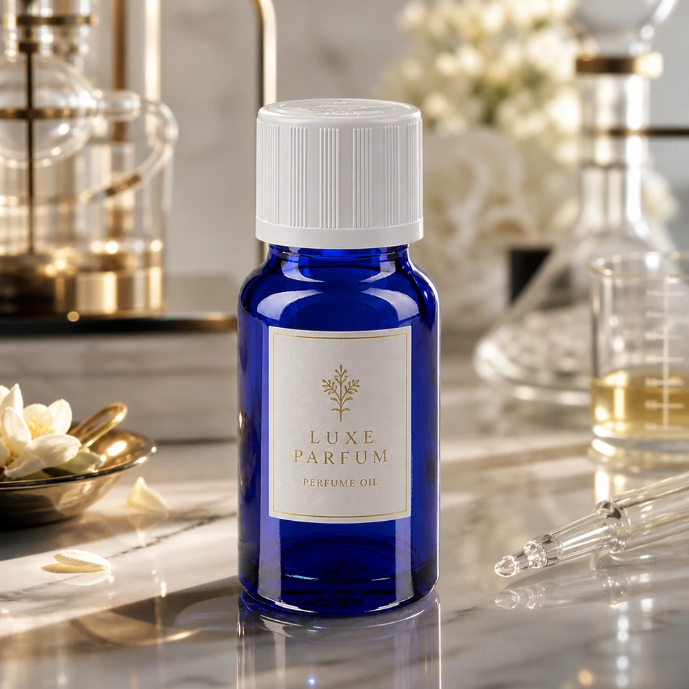 Apoteksflaska blå 10ml dropplock vit barnskyddande standard Luxe Parfum parfymolja i en koboltblå droppflaska på 10 ml med vitt barnsäkert lock