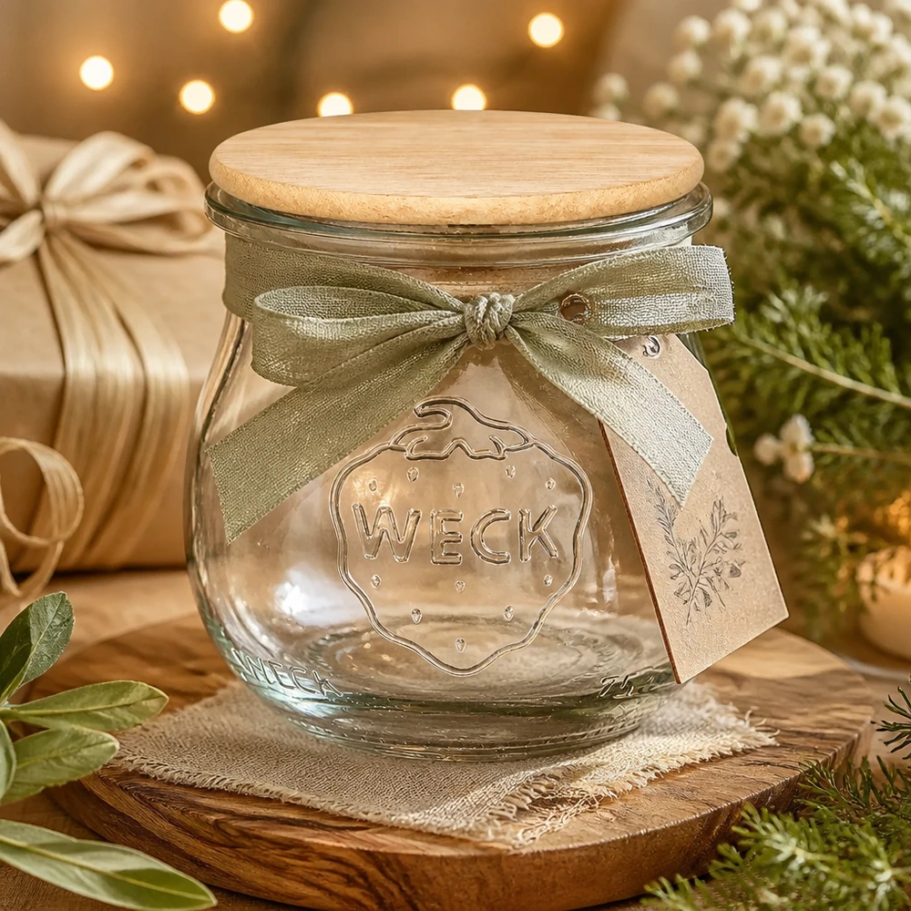 75ml tulpanburk WECK RR40 med trälock WECK Tulpenglas 75ml mit Holzdeckel als Geschenkverpackung dekoriert mit Schleife für Marmelade und Konfitüre