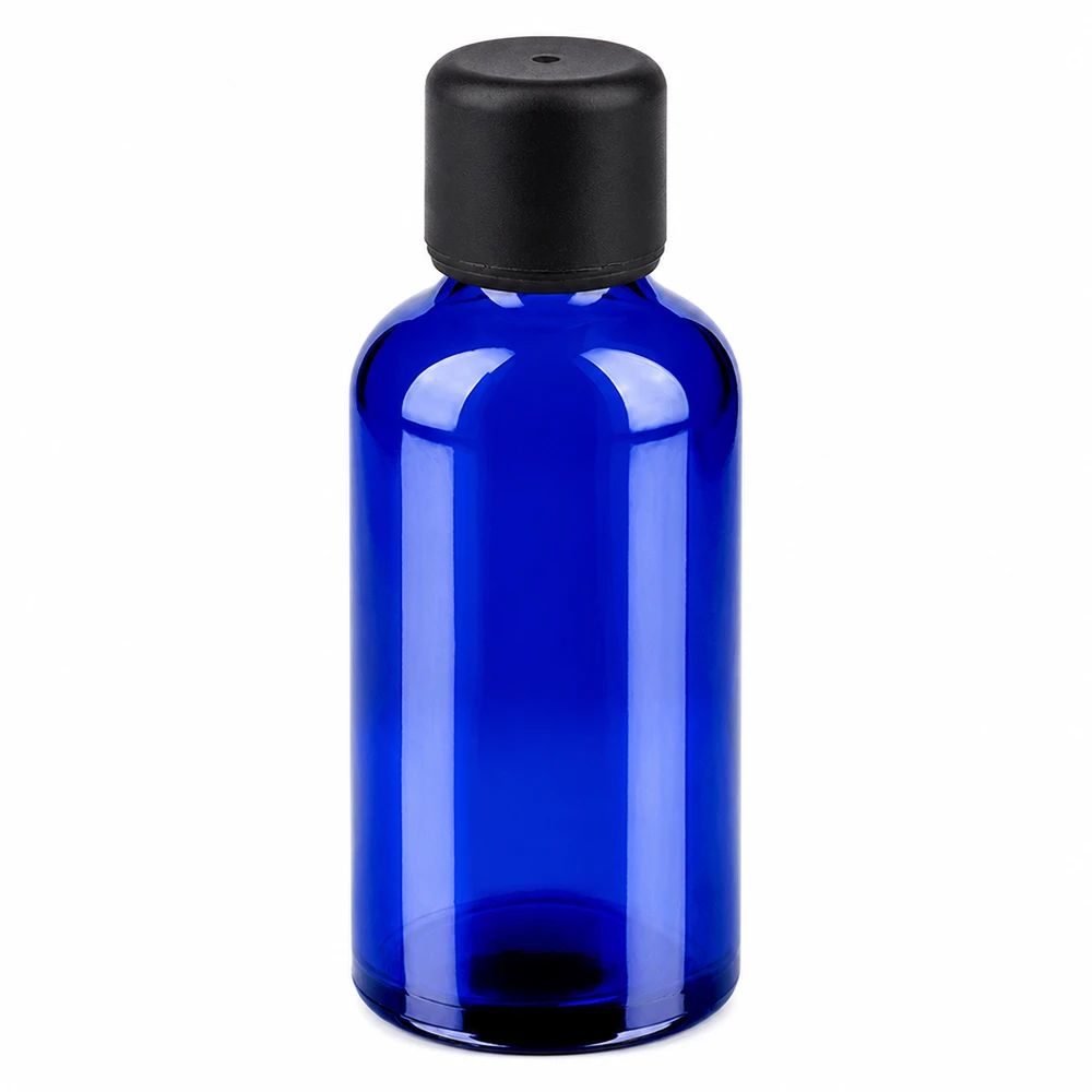 Blå glasflaska 50 ml med svart lock för eteriska oljor och kosmetika