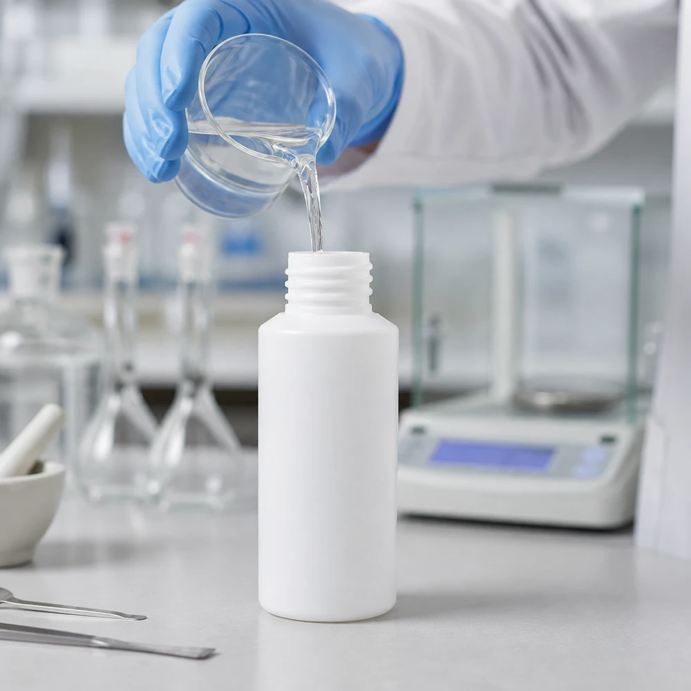 En tom vit plastflaska på 30 ml av HDPE utan lock fylls med vätska i laboratoriet